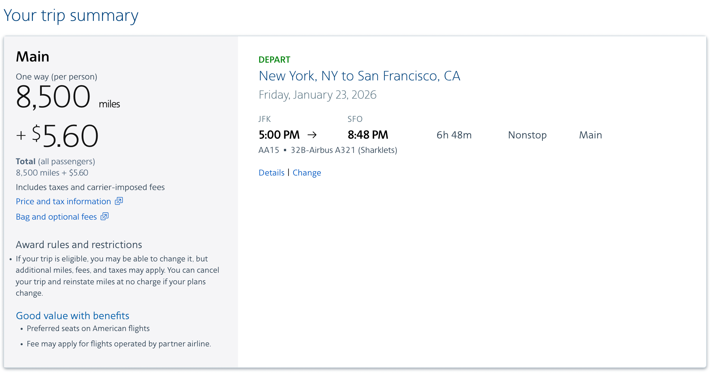 American Airlines redemption flying JFK to SFO. 